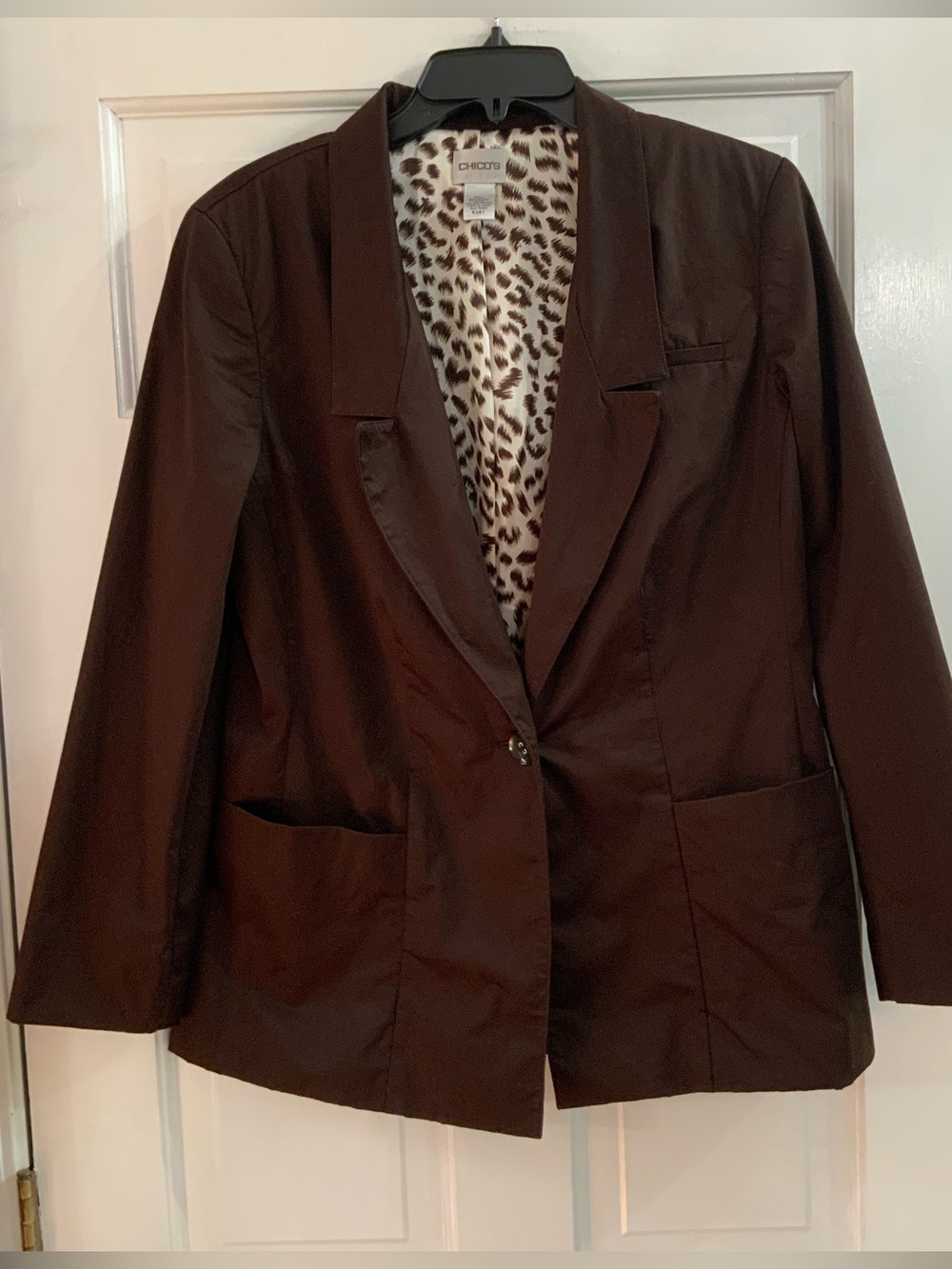 Chico's Brown Sateen Jacket Blazer Lined Long Sleeve Sz Medium Pockets 1 Button